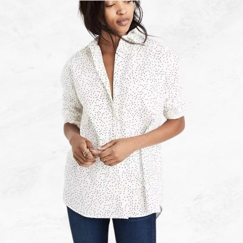 Madewell White Button-Up Shirt with Black Mini Polka Dots